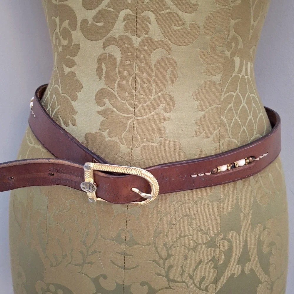 Vintage Tan Leather‎ Boho Western Belt with Gold /Silver Buckle and Accent Beads